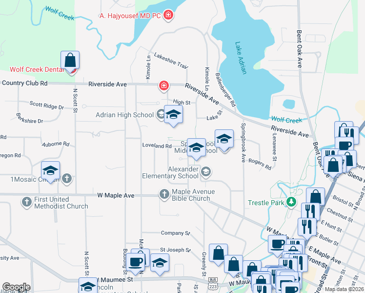 map of restaurants, bars, coffee shops, grocery stores, and more near 701 Loveland Rd in Adrian