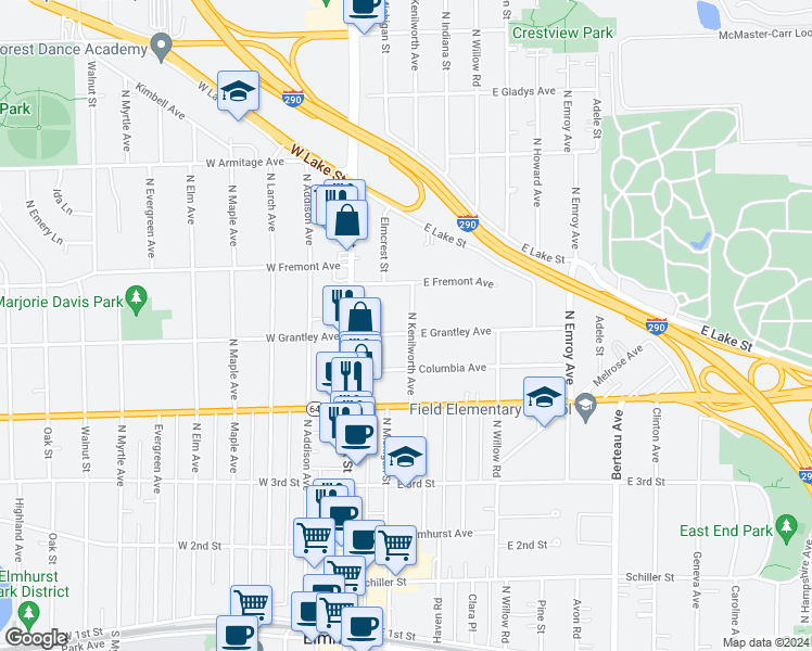 map of restaurants, bars, coffee shops, grocery stores, and more near 368 North Kenilworth Avenue in Elmhurst