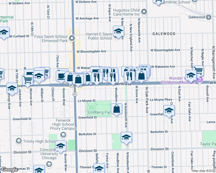 map of restaurants, bars, coffee shops, grocery stores, and more near in Oak Park