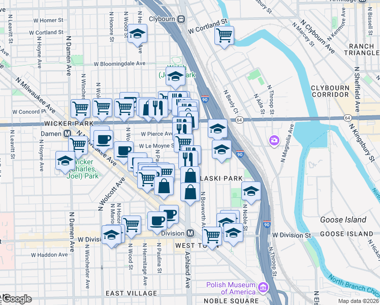 map of restaurants, bars, coffee shops, grocery stores, and more near in Chicago