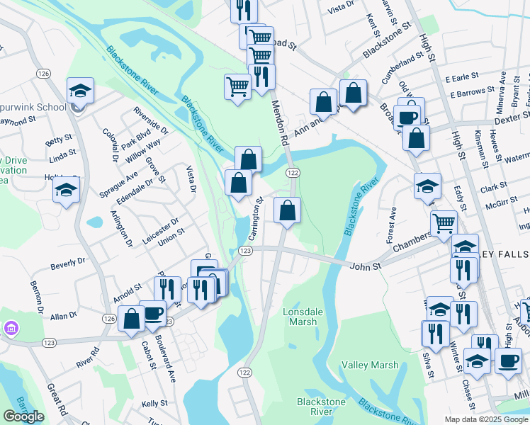 map of restaurants, bars, coffee shops, grocery stores, and more near 170 Lonsdale Main Street in Lincoln