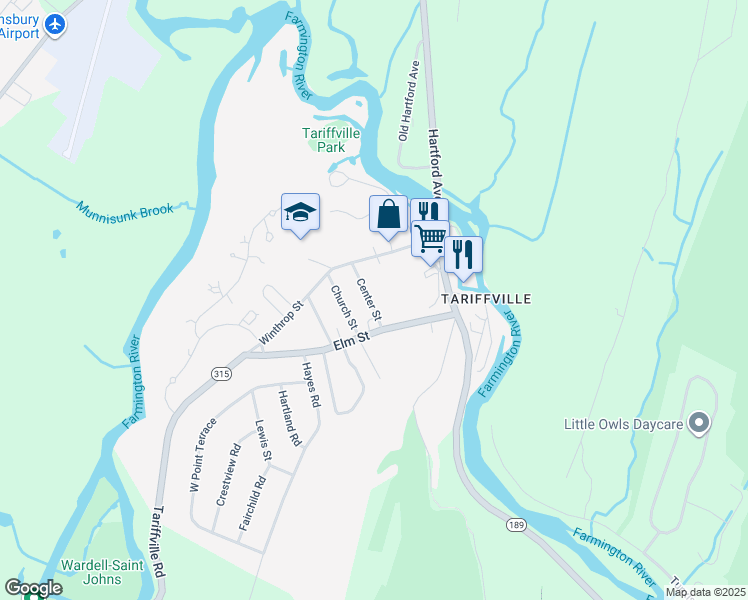 map of restaurants, bars, coffee shops, grocery stores, and more near 20 Center Street in Simsbury