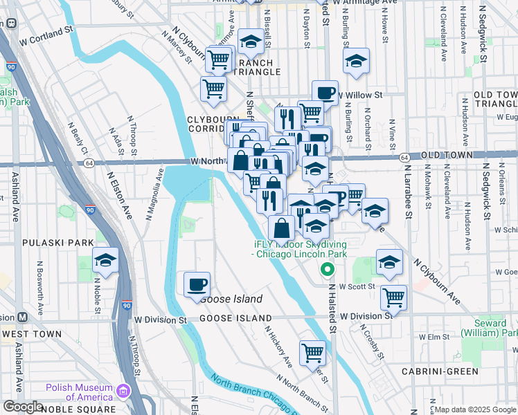 map of restaurants, bars, coffee shops, grocery stores, and more near 1550 North Kingsbury Street in Chicago