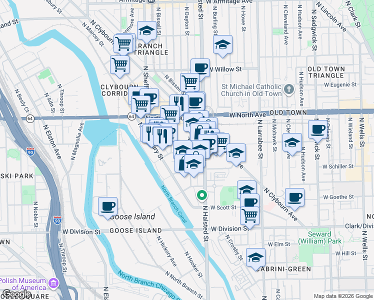 map of restaurants, bars, coffee shops, grocery stores, and more near 840 West Blackhawk Street in Chicago