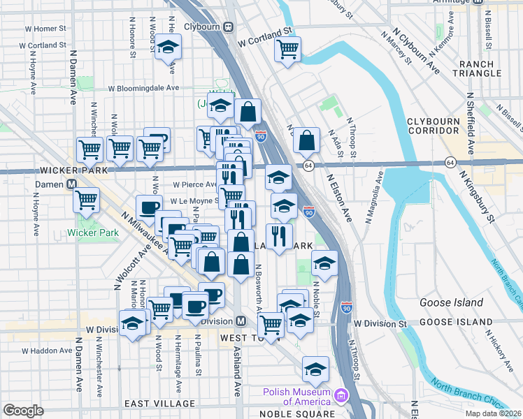 map of restaurants, bars, coffee shops, grocery stores, and more near 1451 North Bosworth Avenue in Chicago