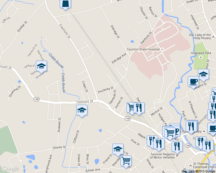 map of restaurants, bars, coffee shops, grocery stores, and more near 5 Pinckney Street in Taunton
