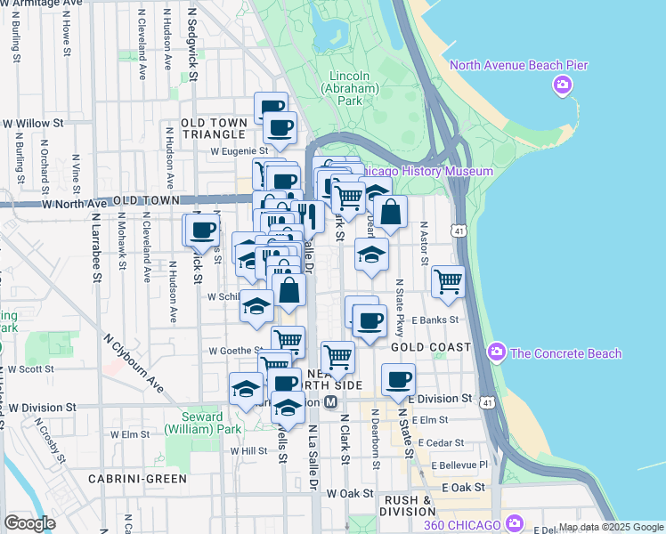 map of restaurants, bars, coffee shops, grocery stores, and more near 1418 North Sandburg Terrace in Chicago