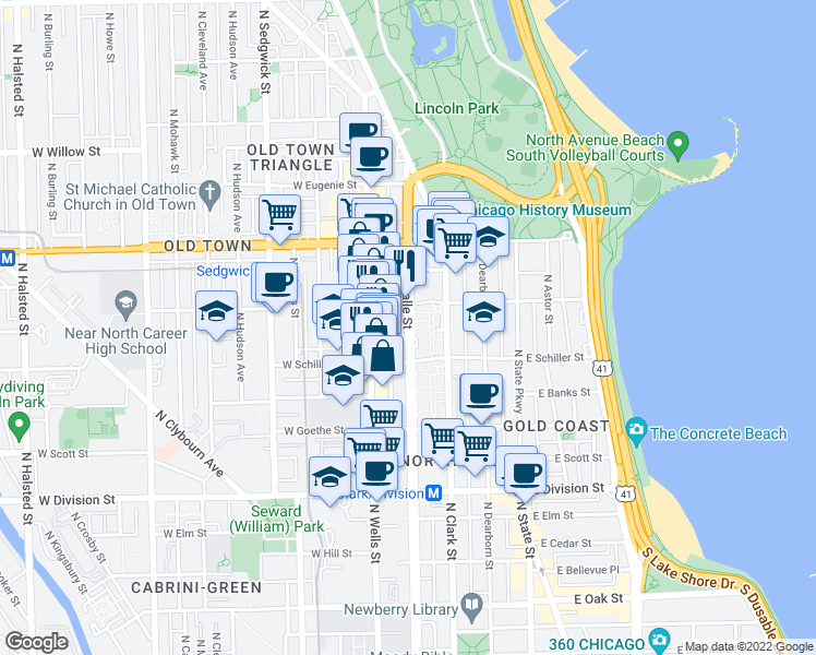 map of restaurants, bars, coffee shops, grocery stores, and more near 1450 North LaSalle Drive in Chicago