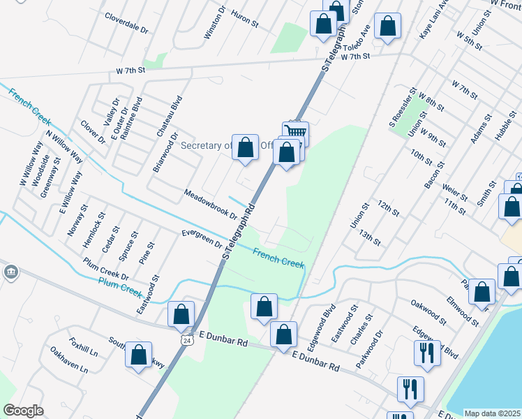 map of restaurants, bars, coffee shops, grocery stores, and more near 1255 South Telegraph Road in Monroe