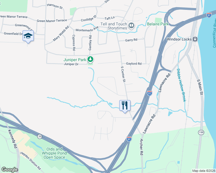 map of restaurants, bars, coffee shops, grocery stores, and more near 108 Raymond Road in Windsor Locks