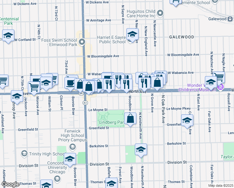 map of restaurants, bars, coffee shops, grocery stores, and more near in Oak Park