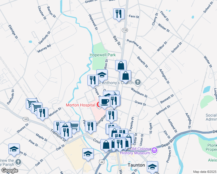 map of restaurants, bars, coffee shops, grocery stores, and more near 6 Church Avenue in Taunton