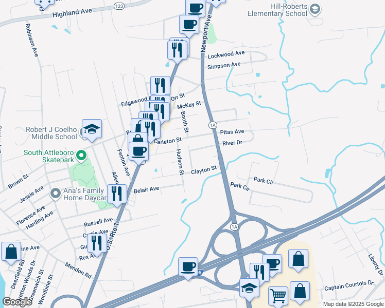 map of restaurants, bars, coffee shops, grocery stores, and more near 25 Clayton Avenue in Attleboro
