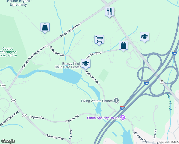 map of restaurants, bars, coffee shops, grocery stores, and more near 297 Stillwater Road in Smithfield