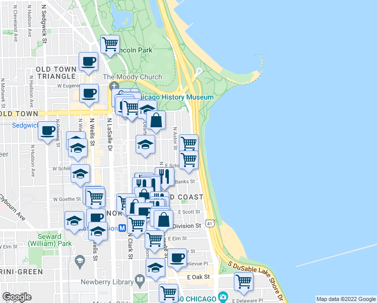 map of restaurants, bars, coffee shops, grocery stores, and more near 1421 North Astor Street in Chicago