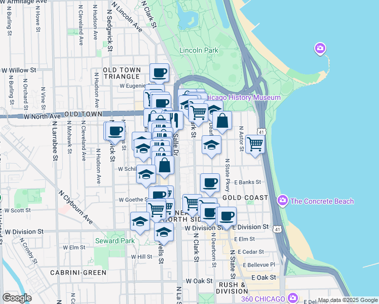 map of restaurants, bars, coffee shops, grocery stores, and more near 1418 North Sandburg Terrace in Chicago