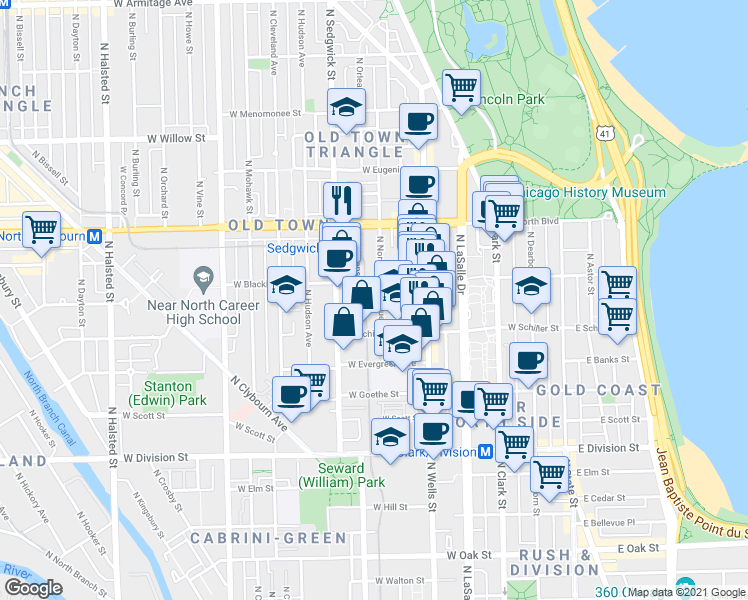 map of restaurants, bars, coffee shops, grocery stores, and more near 1423 North Orleans Street in Chicago