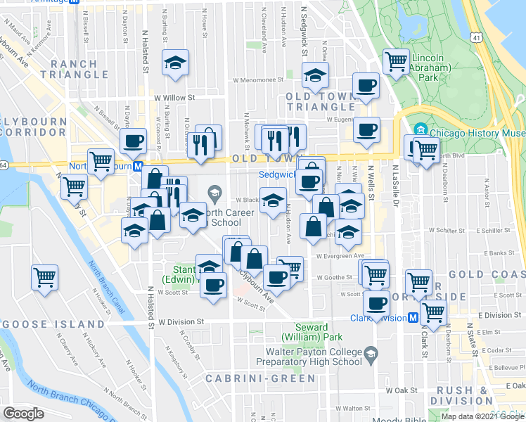 map of restaurants, bars, coffee shops, grocery stores, and more near 1429 North Mohawk Street in Chicago