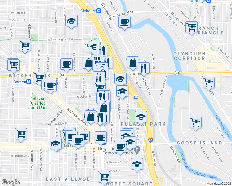 map of restaurants, bars, coffee shops, grocery stores, and more near 1451 North Bosworth Avenue in Chicago