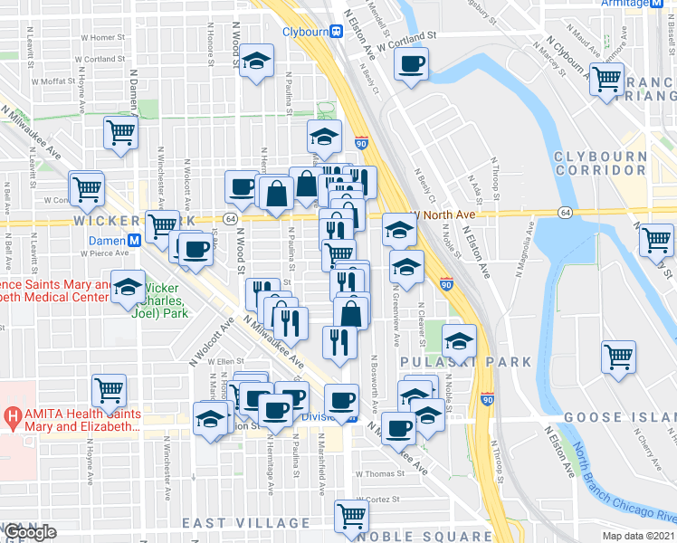 map of restaurants, bars, coffee shops, grocery stores, and more near in Chicago