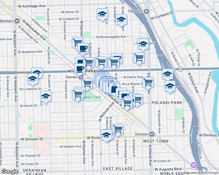 map of restaurants, bars, coffee shops, grocery stores, and more near 1418 North Elk Grove Avenue in Chicago