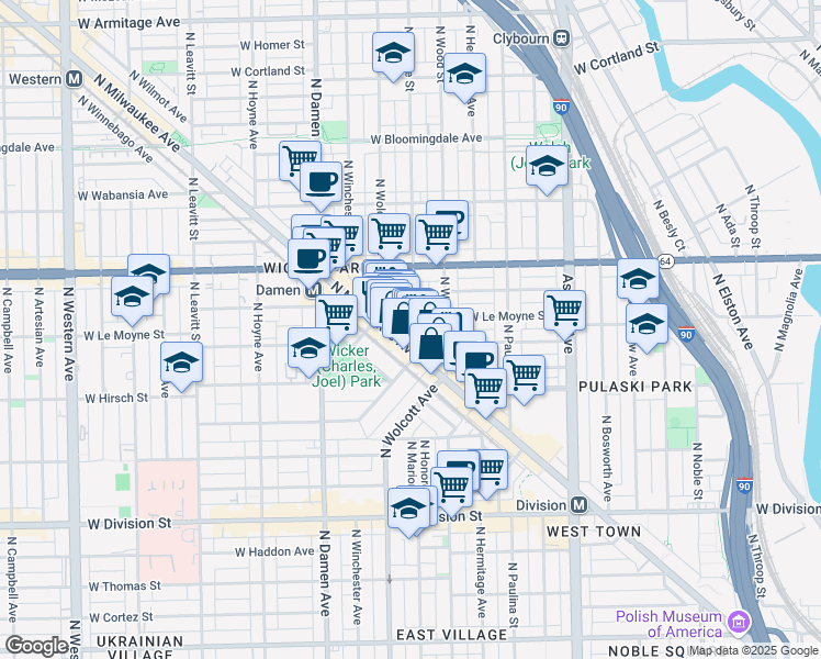 map of restaurants, bars, coffee shops, grocery stores, and more near 1418 North Elk Grove Avenue in Chicago