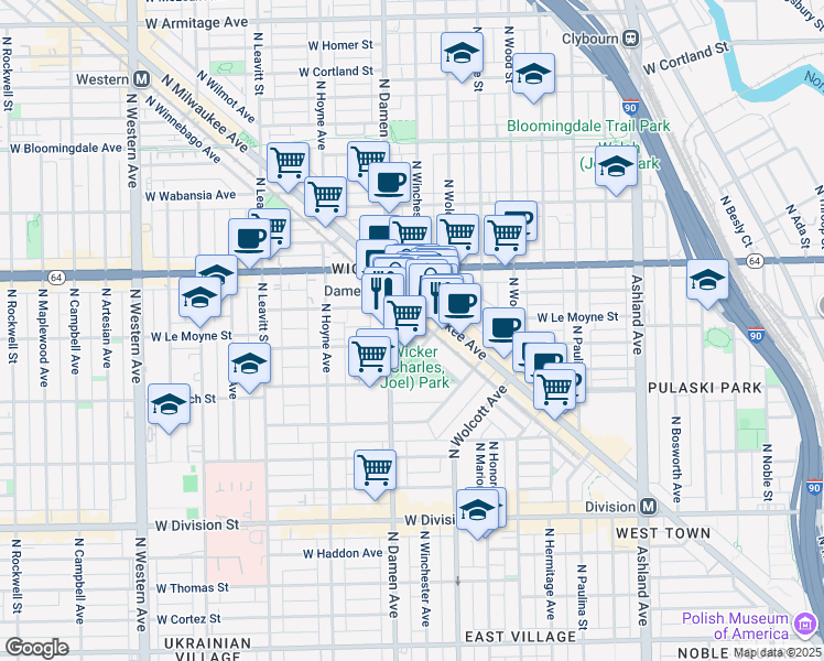 map of restaurants, bars, coffee shops, grocery stores, and more near 1507 North Wicker Park Avenue in Chicago