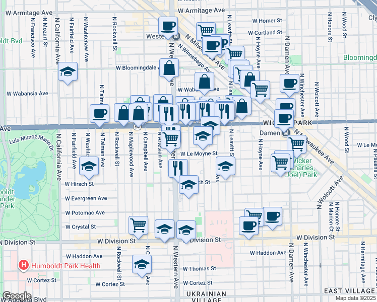 map of restaurants, bars, coffee shops, grocery stores, and more near 2315 West Le Moyne Street in Chicago