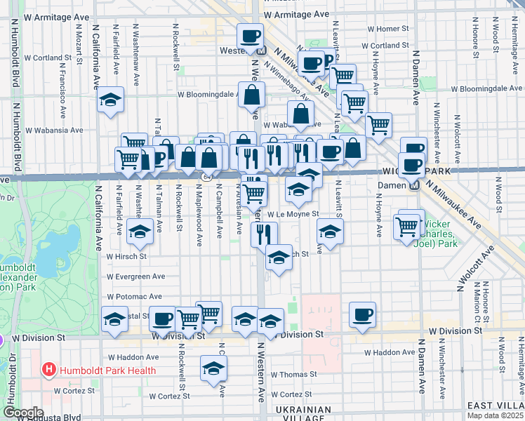 map of restaurants, bars, coffee shops, grocery stores, and more near 1510 North Claremont Avenue in Chicago