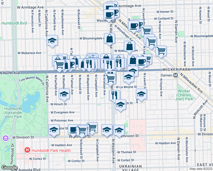 map of restaurants, bars, coffee shops, grocery stores, and more near 1500 North Artesian Avenue in Chicago