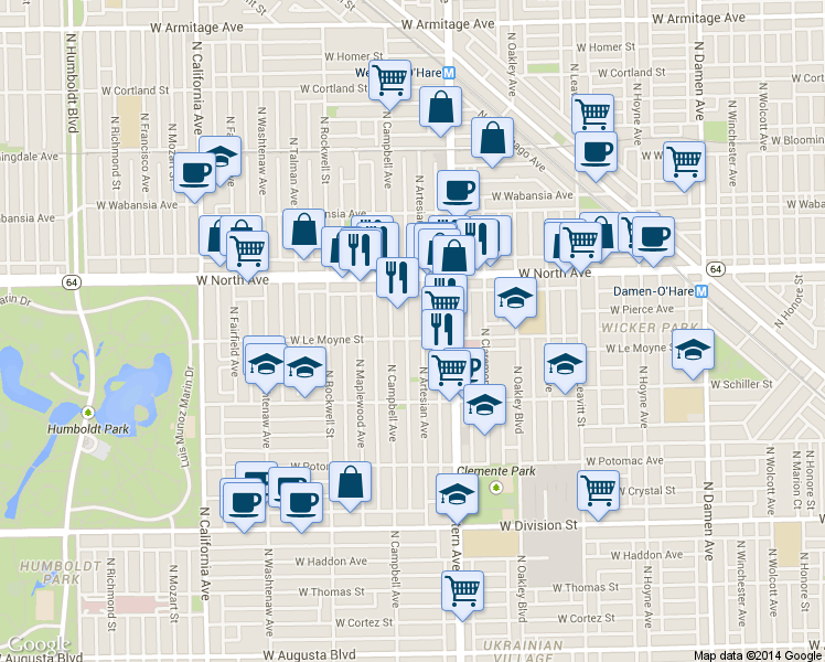 map of restaurants, bars, coffee shops, grocery stores, and more near 1500 North Artesian Avenue in Chicago