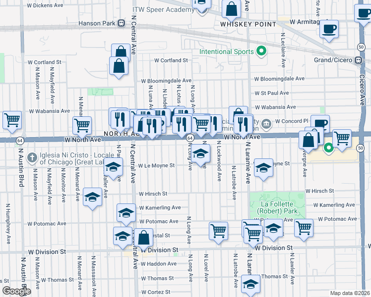 map of restaurants, bars, coffee shops, grocery stores, and more near 1529 North Lotus Avenue in Chicago