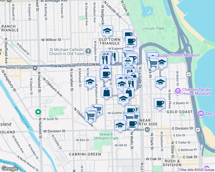 map of restaurants, bars, coffee shops, grocery stores, and more near 1437 North Sedgwick Street in Chicago