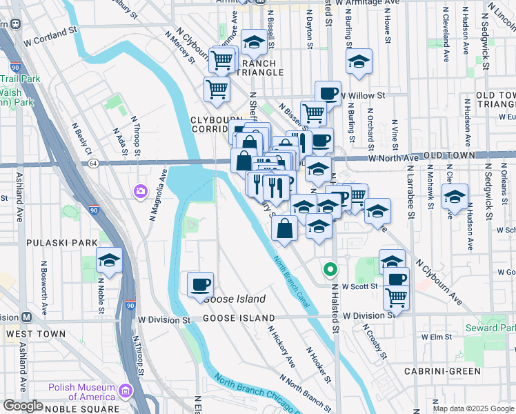 map of restaurants, bars, coffee shops, grocery stores, and more near 1550 North Kingsbury Street in Chicago
