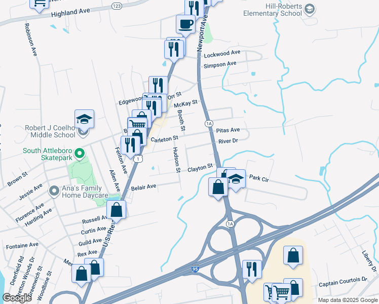 map of restaurants, bars, coffee shops, grocery stores, and more near 25 Clayton Avenue in Attleboro