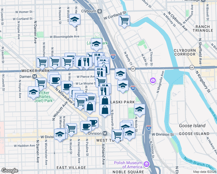 map of restaurants, bars, coffee shops, grocery stores, and more near 1453 North Ashland Avenue in Chicago