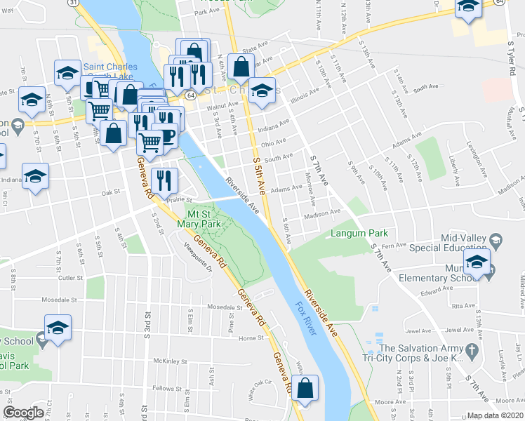 map of restaurants, bars, coffee shops, grocery stores, and more near 806 Riverside Avenue in St. Charles