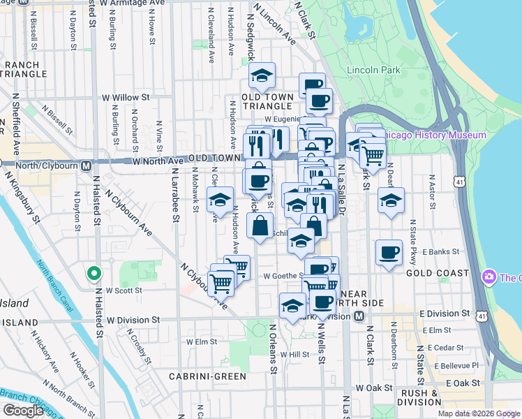 map of restaurants, bars, coffee shops, grocery stores, and more near 1423 North Orleans Street in Chicago