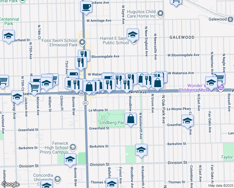 map of restaurants, bars, coffee shops, grocery stores, and more near in Oak Park