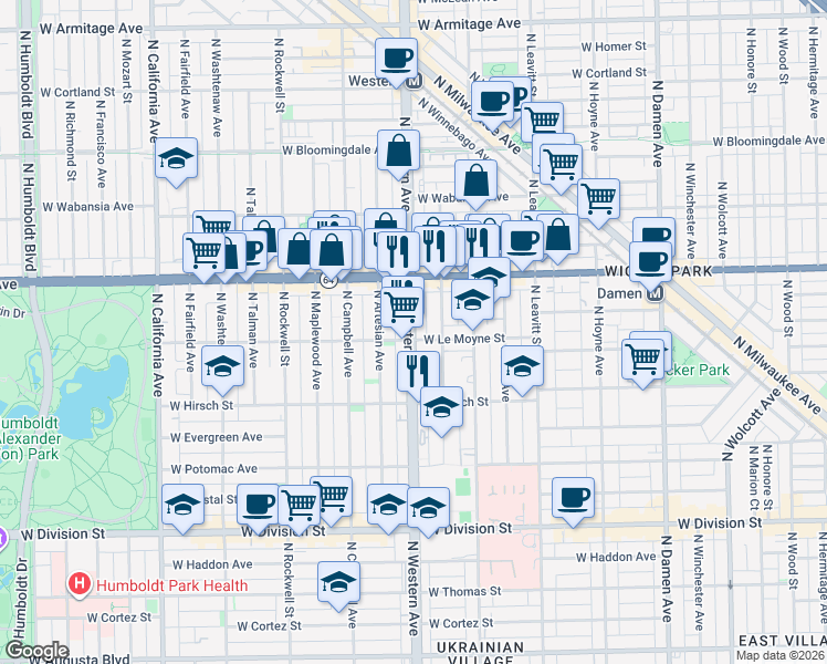 map of restaurants, bars, coffee shops, grocery stores, and more near 1510 North Claremont Avenue in Chicago