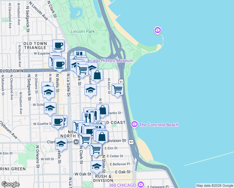 map of restaurants, bars, coffee shops, grocery stores, and more near 1421 North Astor Street in Chicago
