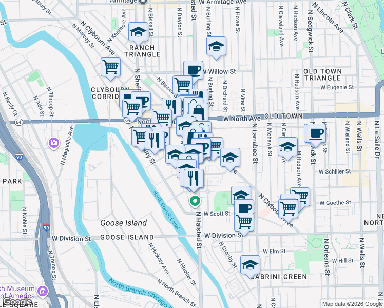 map of restaurants, bars, coffee shops, grocery stores, and more near 810 West Blackhawk Street in Chicago