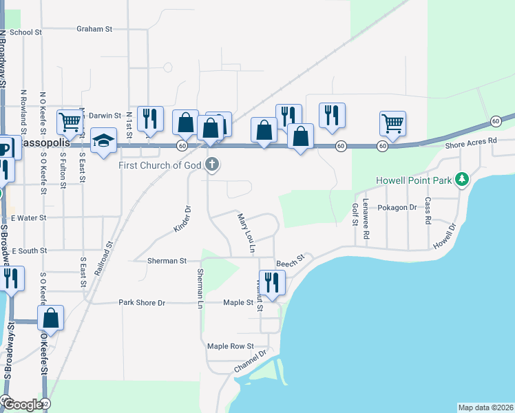 map of restaurants, bars, coffee shops, grocery stores, and more near 22322 Loupee Drive in Cassopolis