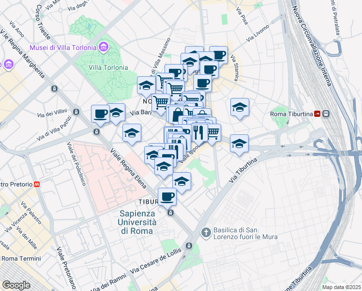map of restaurants, bars, coffee shops, grocery stores, and more near Via Siena in Rome
