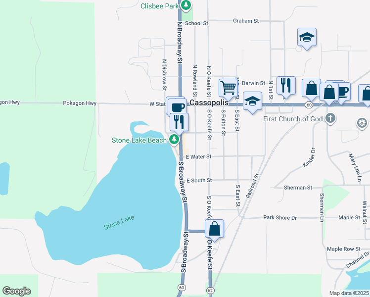 map of restaurants, bars, coffee shops, grocery stores, and more near 226 South Rowland Street in Cassopolis