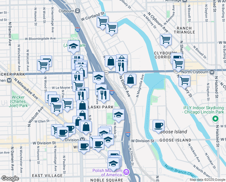 map of restaurants, bars, coffee shops, grocery stores, and more near 1432 North Noble Street in Chicago