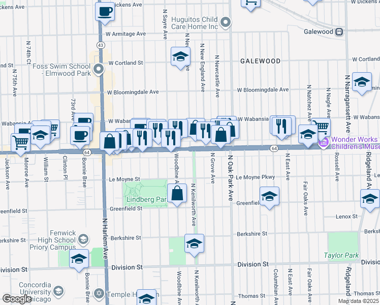 map of restaurants, bars, coffee shops, grocery stores, and more near 1254 North Kenilworth Avenue in Oak Park