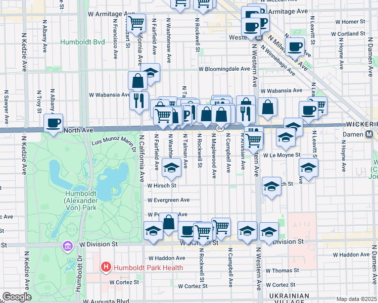 map of restaurants, bars, coffee shops, grocery stores, and more near 2614 West Le Moyne Street in Chicago
