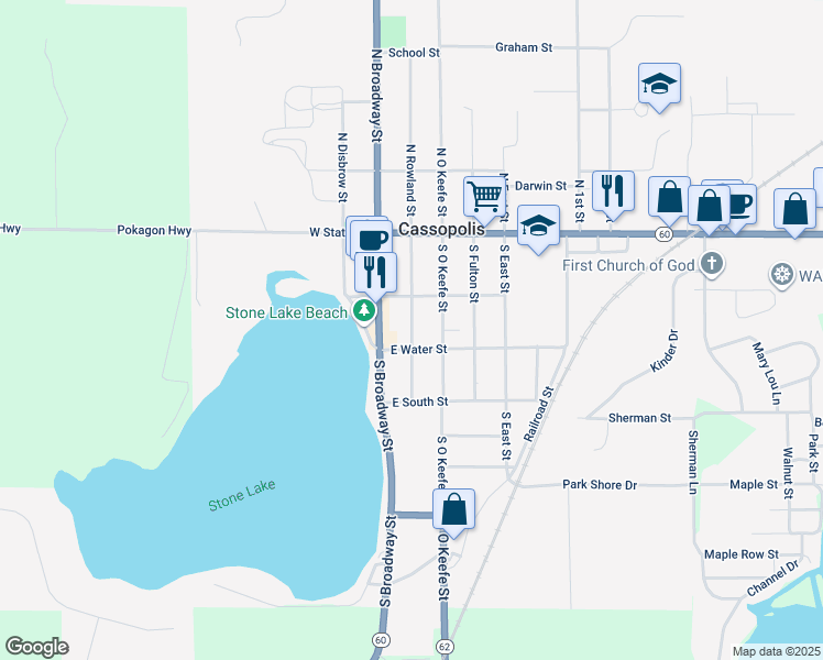 map of restaurants, bars, coffee shops, grocery stores, and more near 226 South Rowland Street in Cassopolis