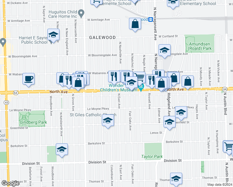 map of restaurants, bars, coffee shops, grocery stores, and more near 6605 West North Avenue in Oak Park